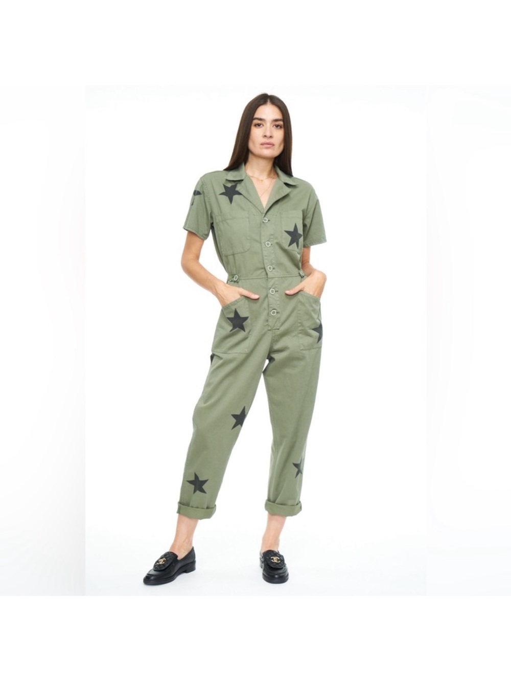 pistola Olive Green Star-Print Short-Sleeve Utility Jumpsuit